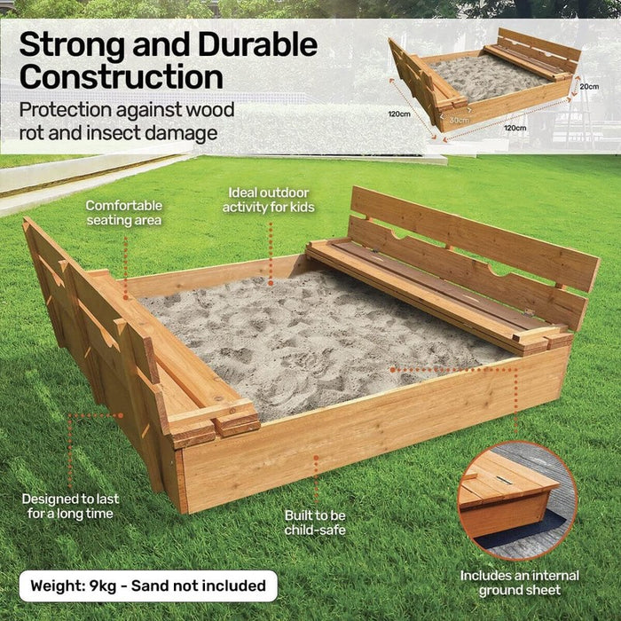 Sandpit Wooden With Folding Benches Kids Square Homemaster Outdoor Sandbox 120cm