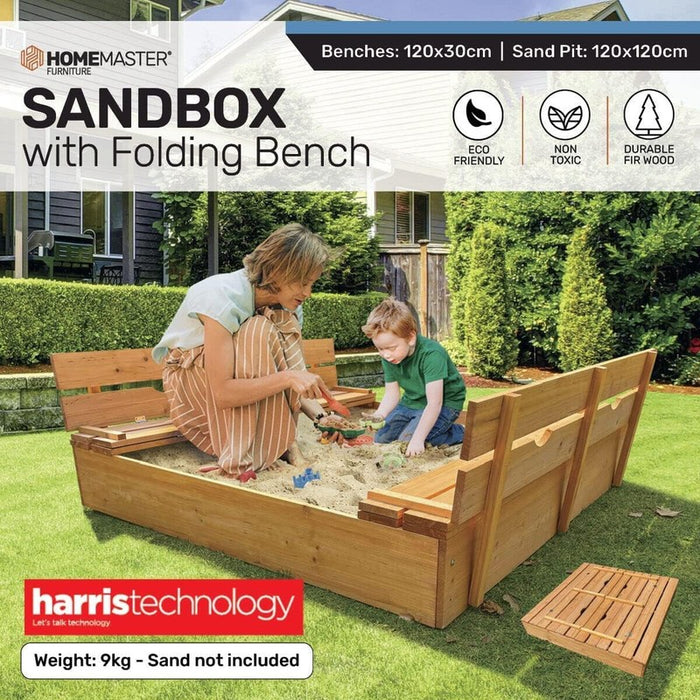 Sandpit Wooden With Folding Benches Kids Square Homemaster Outdoor Sandbox 120cm