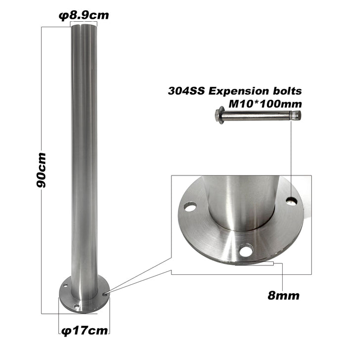 Stainless Steel Surface Mounted Bollard 90 x ⌀9cm Carpark Barrier Heavy-duty