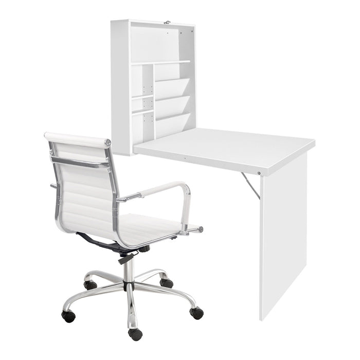 Artiss Computer Desk Office Chair Set PU Leather Wall Mount Foldable Table White