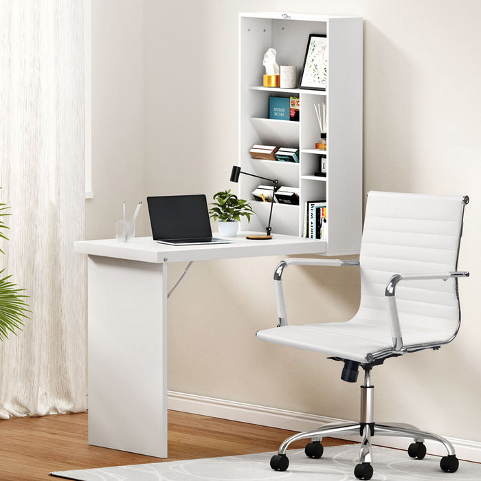 Artiss Computer Desk Office Chair Set PU Leather Wall Mount Foldable Table White
