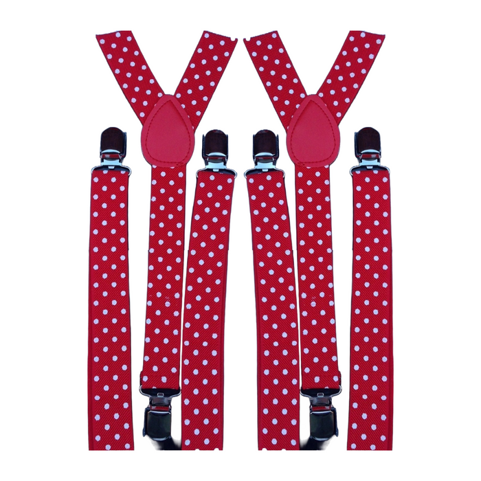 2x Mens Suspenders Braces Adjustable Strong Clip On Elastic Formal Wedding Slim - Red with White Polka Dot