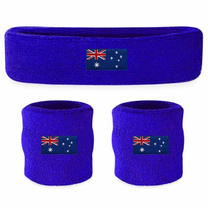 WRISTBAND & HEADBAND SET Tennis Terry Towelling Cotton Sweat Band Team Gym - Australia Flag