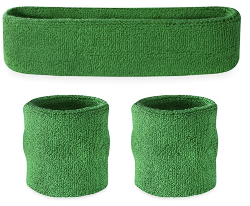 WRISTBAND & HEADBAND SET Tennis Terry Towelling Cotton Sweat Band Team Gym - Green