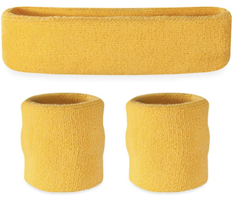WRISTBAND & HEADBAND SET Tennis Terry Towelling Cotton Sweat Band Team Gym - Yellow