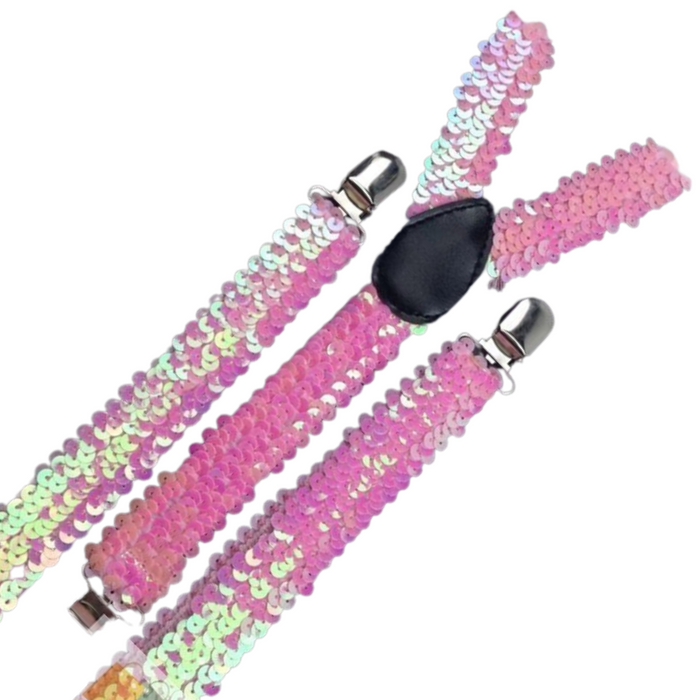 SEQUIN SUSPENDERS Unisex Adjustable Braces Clip On Elastic Y-Back  - Light Pink