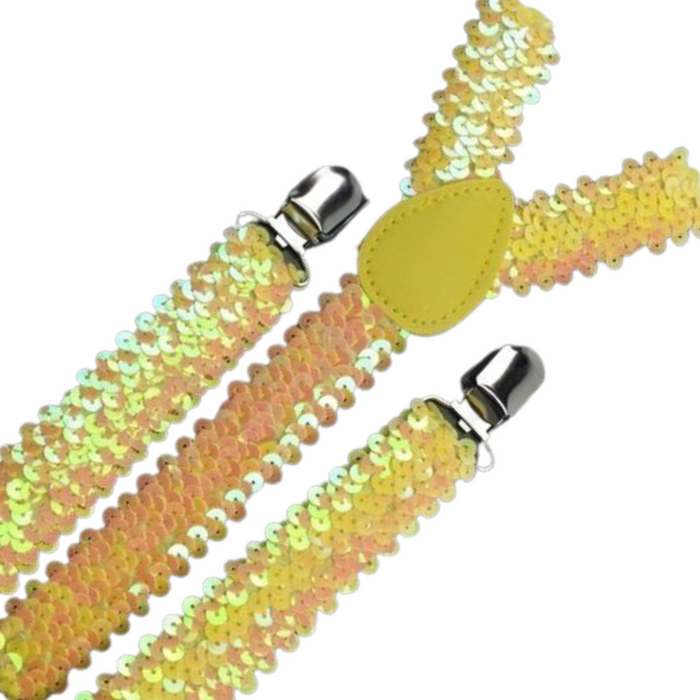 SEQUIN SUSPENDERS Unisex Adjustable Braces Clip On Elastic Y-Back  - Yellow