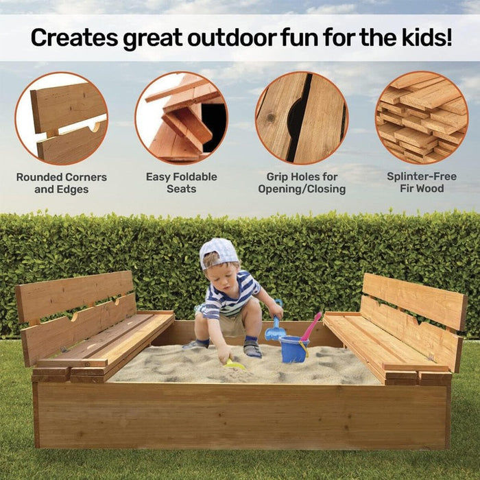 Sandpit Wooden With Folding Benches Kids Square Homemaster Outdoor Sandbox 120cm