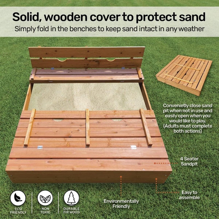 Sandpit Wooden With Folding Benches Kids Square Homemaster Outdoor Sandbox 120cm