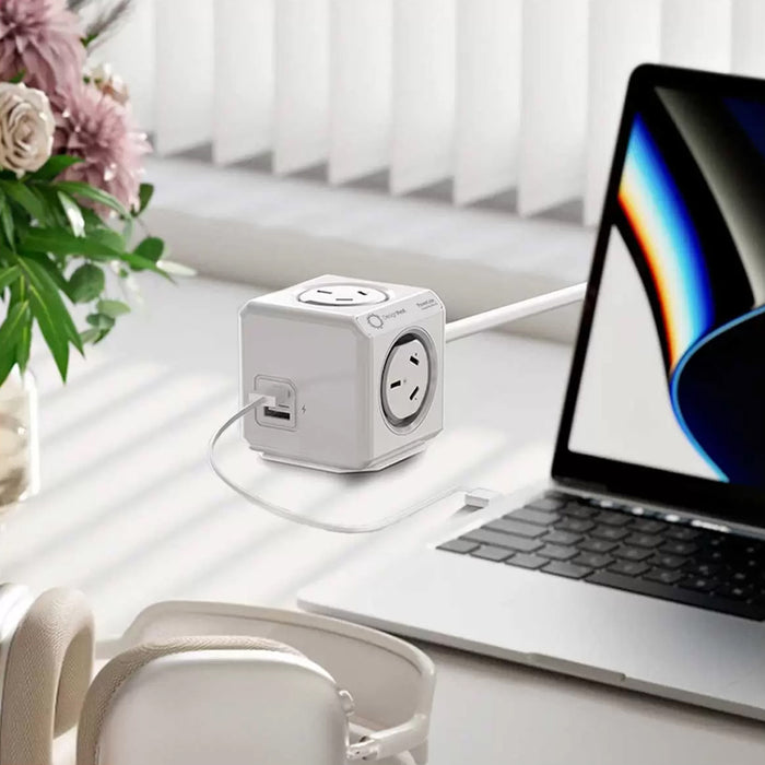 Allocacoc Twin Pack PowerCube Extended 1.5M Cable 4 Power Outlets White 2 USB