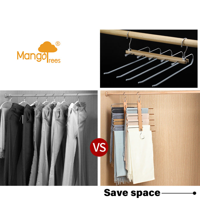 Silver 5in1 Wooden & Solid Metal Magic Hanger Pant Tie Rack Save Space Non Slip