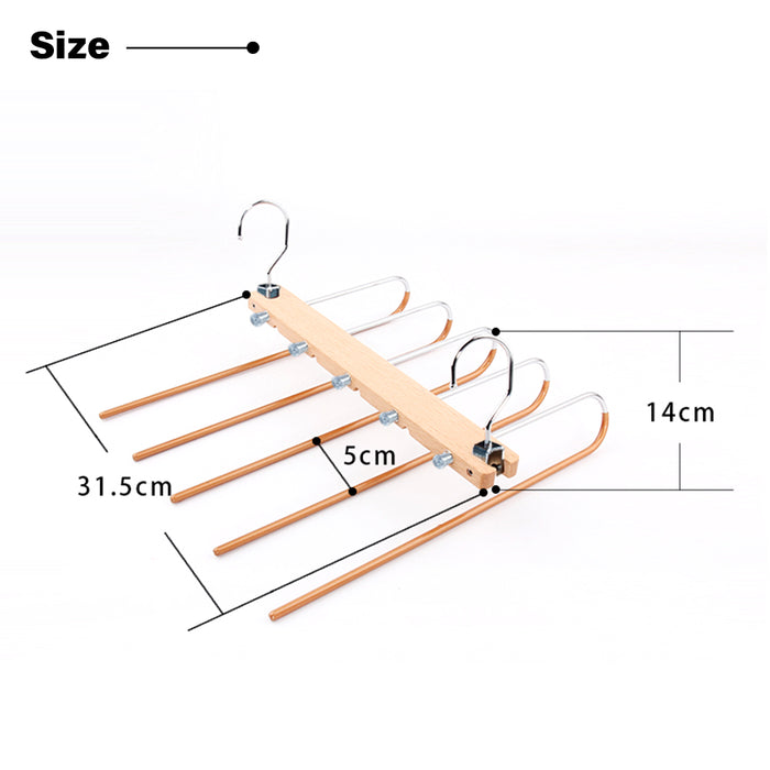 Silver 5in1 Wooden & Solid Metal Magic Hanger Pant Tie Rack Save Space Non Slip