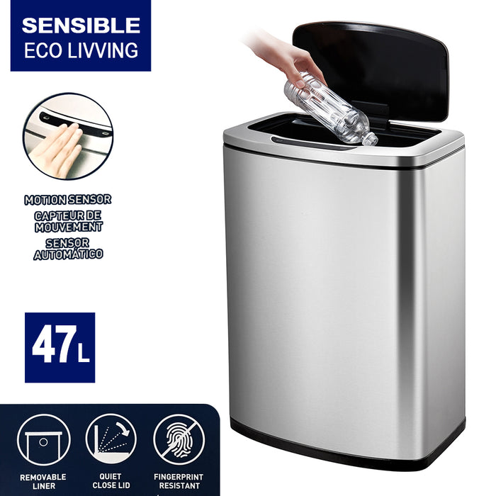 Sensible Eco Living Stainless Steel Motion Sensor Bin Rubbish Wastebasket 47L