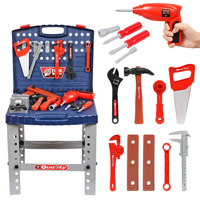 Tool Box Work Bench With Battery Operated Drill Set kids Pretend Play Toys 55pcs