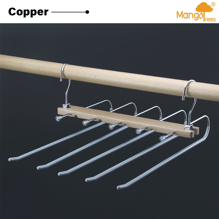 Silver 5in1 Wooden & Solid Metal Magic Hanger Pant Tie Rack Save Space Non Slip