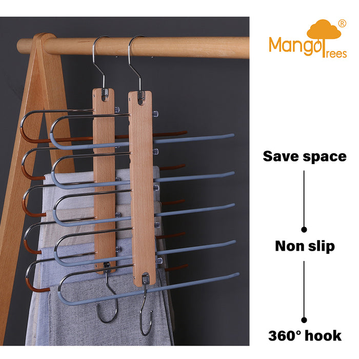 Silver 5in1 Wooden & Solid Metal Magic Hanger Pant Tie Rack Save Space Non Slip
