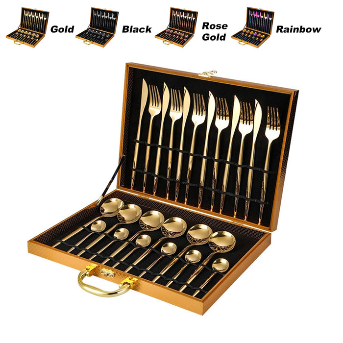 24 Piece Flatware Cutlery Set 410 Stainless Steel Knife Fork Spoon Tea Spoon Gold Black Rose Gold Rainbow
