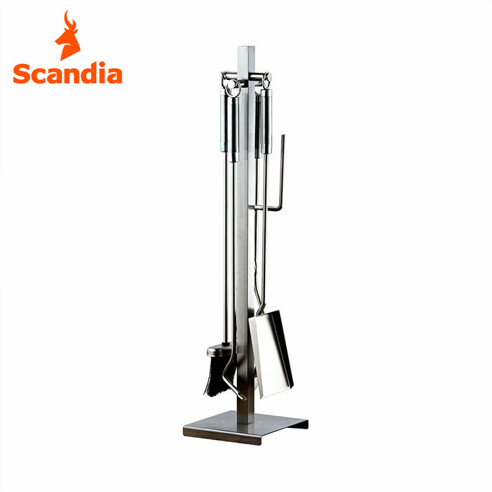 Scandia Vogue Fire Stainless Steel Tool Set Steel Fireside Ash Scraper Shovel Tongs Brush Stand