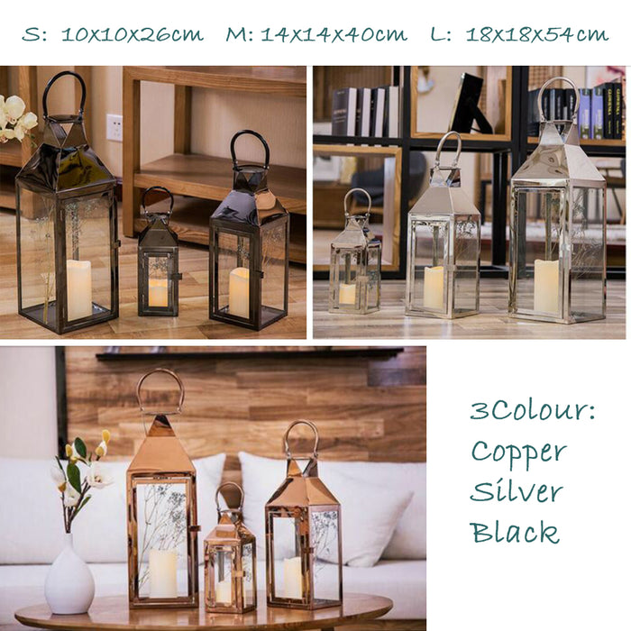 Stainless Steel Glass Lantern Candle Holder 3pcs Set Silver Copper Black