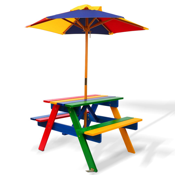 Wooden Picnic Table Set Kids Play With Umbrella Outdoor Rainbow Colors