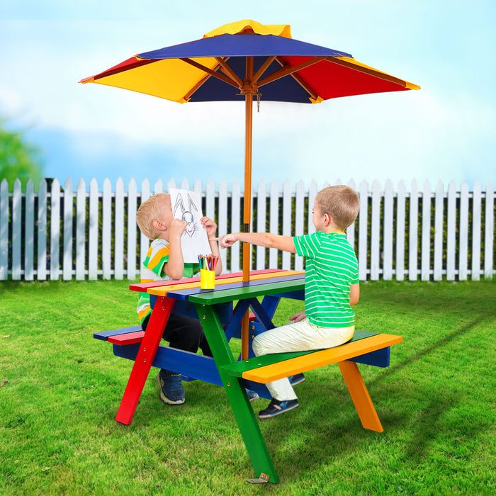 Wooden Picnic Table Set Kids Play With Umbrella Outdoor Rainbow Colors