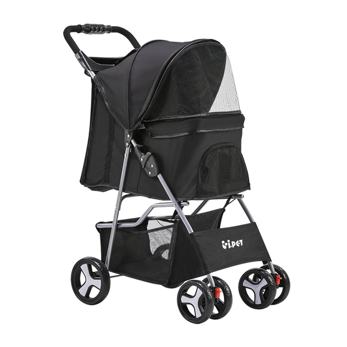 Cat Puppy 4 Wheel Pet Stroller Dog Pushchair Carrier Folding Carrier Cart- Black