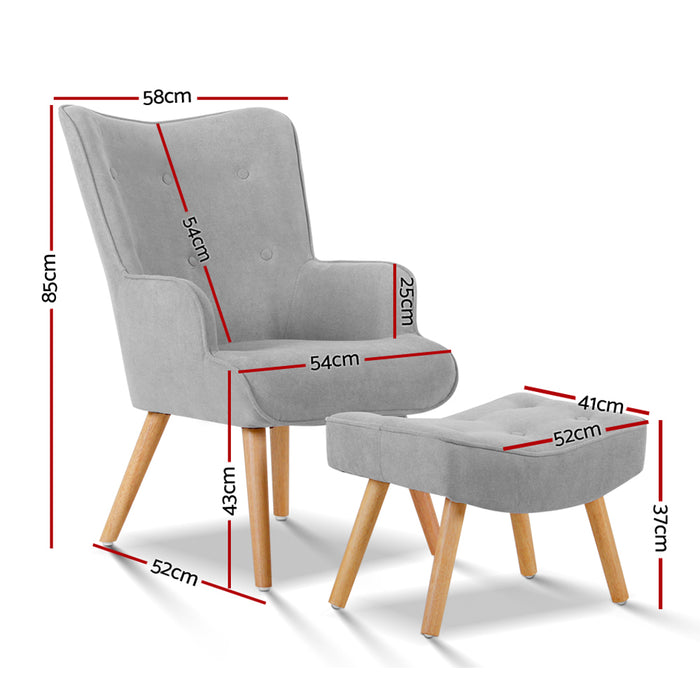 Artiss Armchair and Ottoman Modern Scandinavian Style Elegant Tufted Design High Resilience Foam - Light Grey