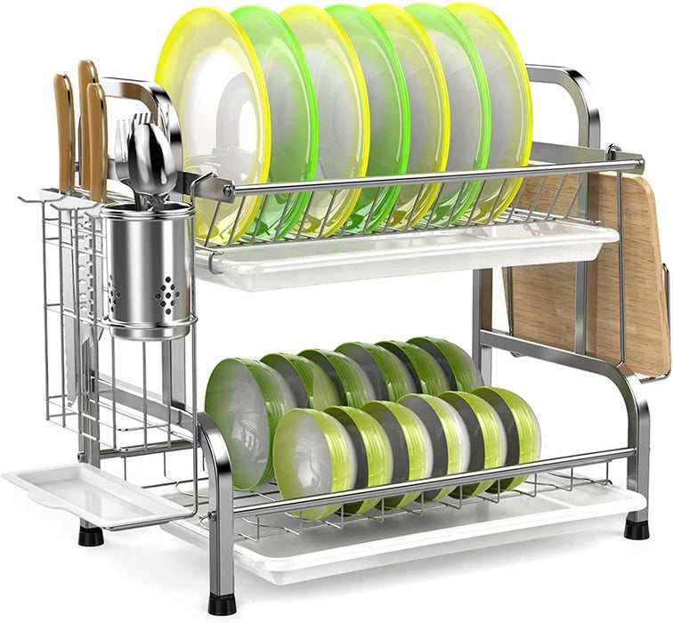 Stainless Steel 2-Tier Dish Drying Rack with Utensil Holder, Cutting Board Holder And Dish Drainer for Kitchen Counter (Silver)