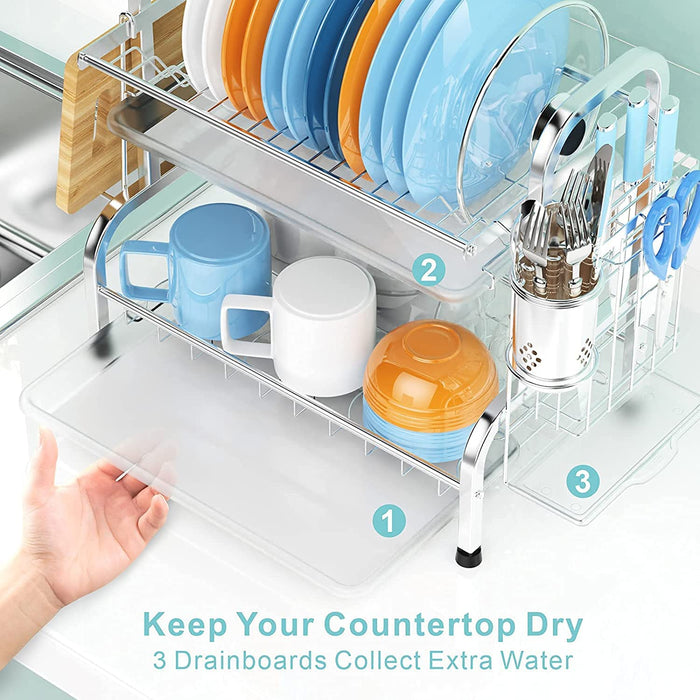 Stainless Steel 2-Tier Dish Drying Rack with Utensil Holder, Cutting Board Holder And Dish Drainer for Kitchen Counter (Silver)