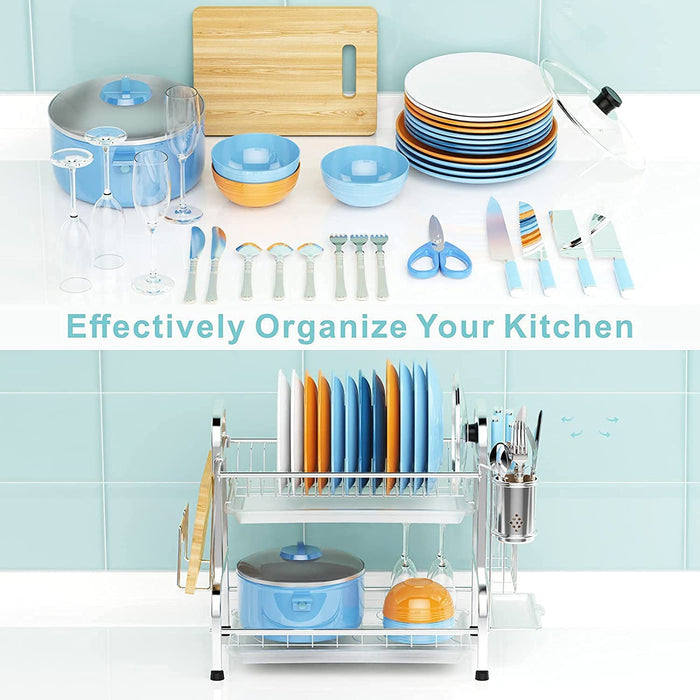 Stainless Steel 2-Tier Dish Drying Rack with Utensil Holder, Cutting Board Holder And Dish Drainer for Kitchen Counter (Silver)