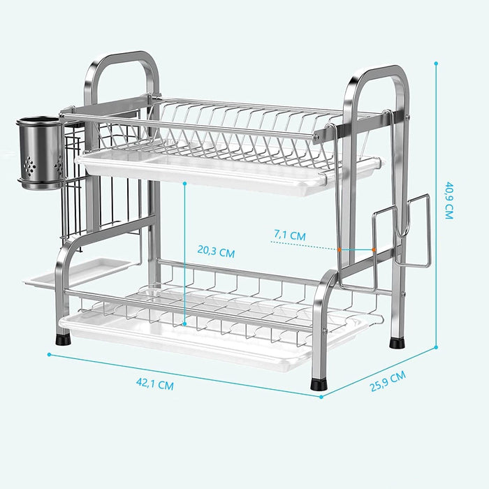 Stainless Steel 2-Tier Dish Drying Rack with Utensil Holder, Cutting Board Holder And Dish Drainer for Kitchen Counter (Silver)