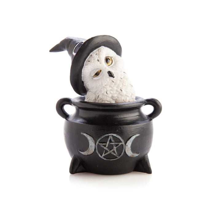 Snowy Owl Cauldron Figurine With Witch Hat In Black Triple Moon Pentagram Cauldron Figurine