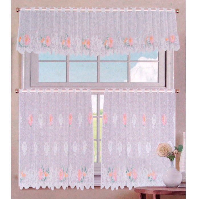 3 Pce Cafe Gardenia Floral Lace Curtain Set Machine Washable