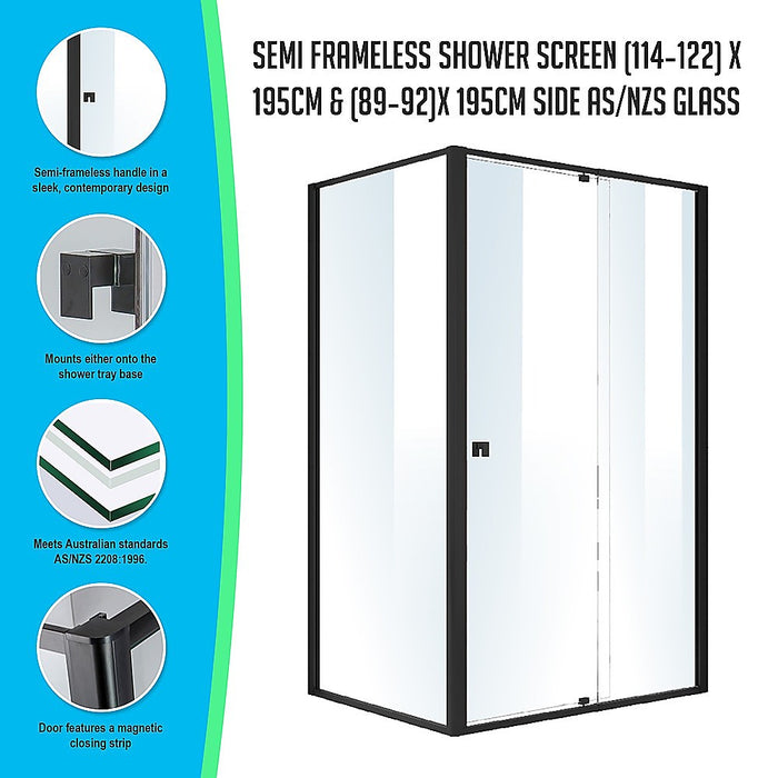 Semi Frameless Shower Screen (114~122)x 195cm & (89~92)x 195cm Side AS/NZS GlassHigh Quality