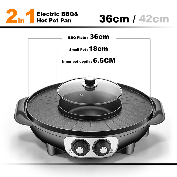 36cm Electric 2 In 1 Non-Stick BBQ Plate Hot Pot Pan Shabu Grill Barbecue For Party