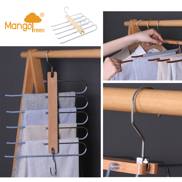 Silver 5in1 Wooden & Solid Metal Magic Hanger Pant Tie Rack Save Space Non Slip