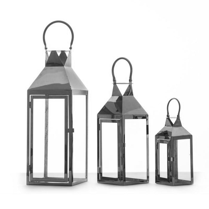 Stainless Steel Glass Lantern Candle Holder 3pcs Set Silver Copper Black