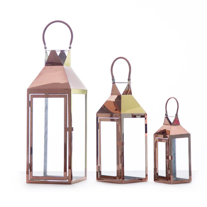Stainless Steel Glass Lantern Candle Holder 3pcs Set Silver Copper Black