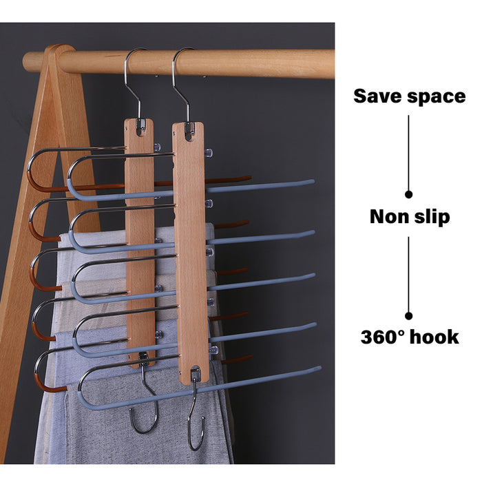 Silver 5in1 Wooden & Solid Metal Magic Hanger Pant Tie Rack Save Space Non Slip