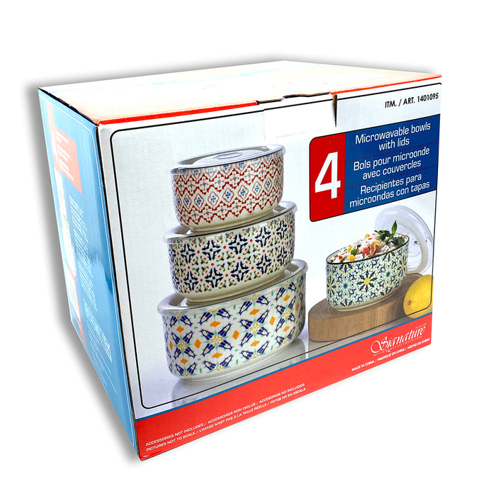 Signature Ceramic 4 Bowls With 4 Air Tight Lids BPA Free Microwavable Bowls Set