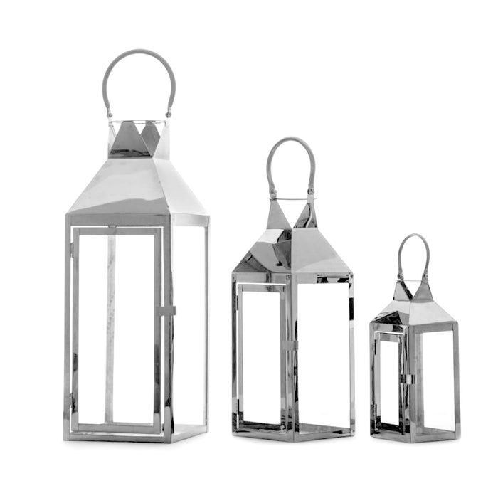 Stainless Steel Glass Lantern Candle Holder 3pcs Set Silver Copper Black