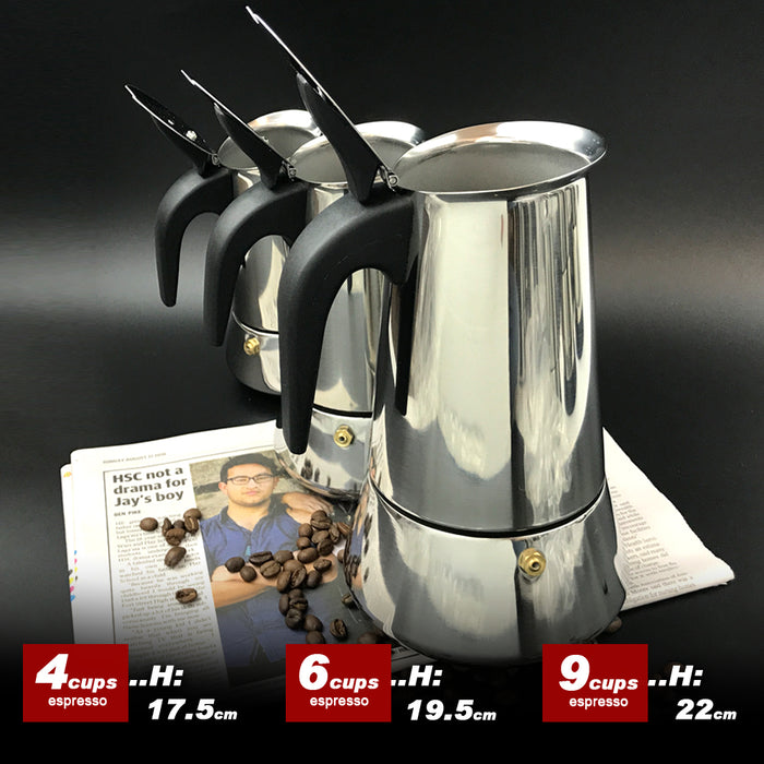 Stainless Steel Stove Top Espresso Italian Coffee Maker Percolator Moka Pot 4Cups /6Cups / 9Cups
