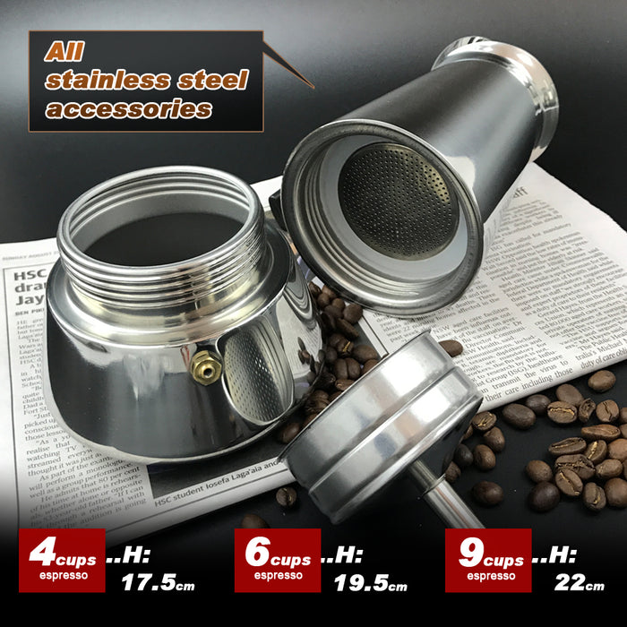Stainless Steel Stove Top Espresso Italian Coffee Maker Percolator Moka Pot 4Cups /6Cups / 9Cups