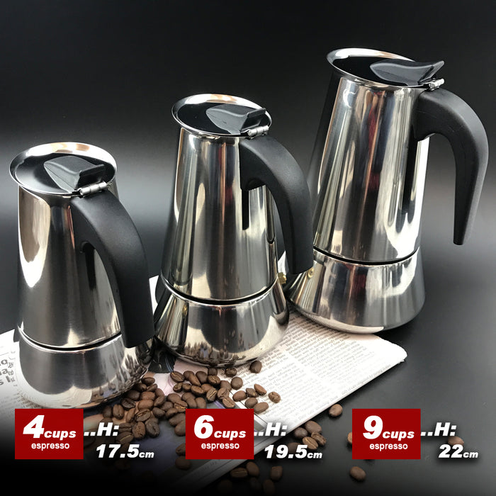 Stainless Steel Stove Top Espresso Italian Coffee Maker Percolator Moka Pot 4Cups /6Cups / 9Cups
