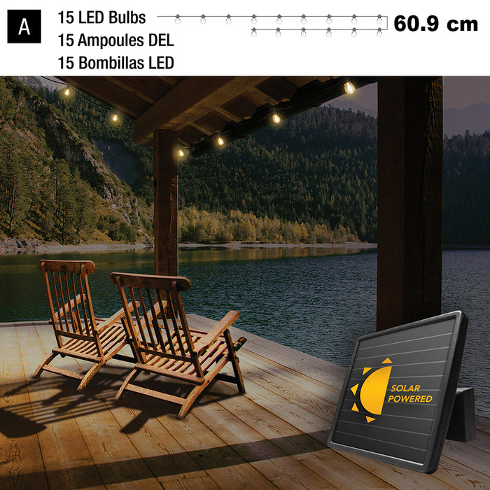Sunforce 10m Electric Solar LED String 15 Lights 60.9cm Bulb Spacing Outdoor Weather Resistant Sundorce