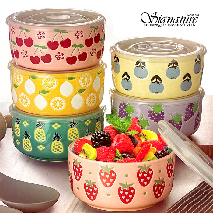 Signature BPA Free Ceramic Stoneware 6 Bowls With Lids 12 pcs Set 488ml