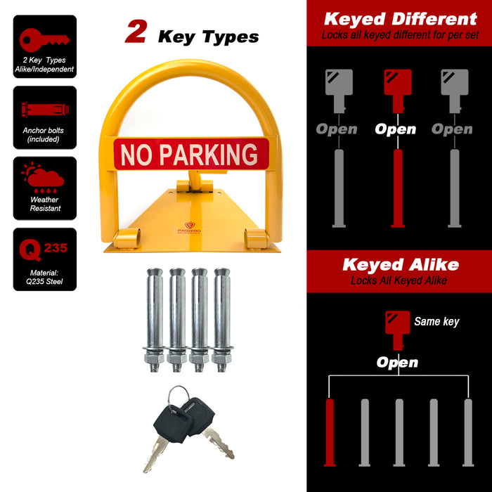 Parkero Fold-down Parking Barrier Keyed Different/Alike Vehicle Security Expension bolts