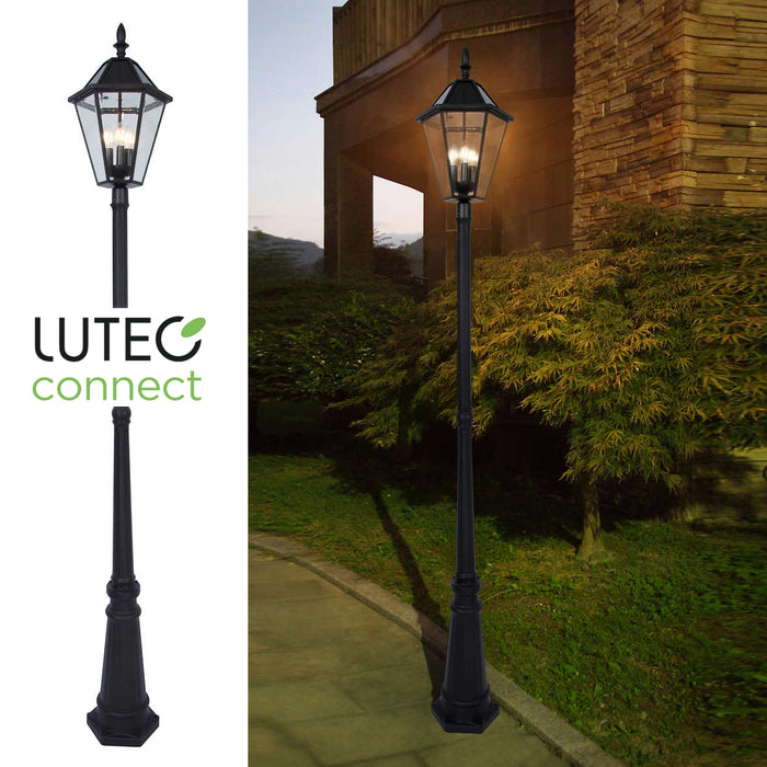 LUTEC Cast Aluminium Wireless Solar LED Lamp Post Light Yard 2.27m Lantern Glass