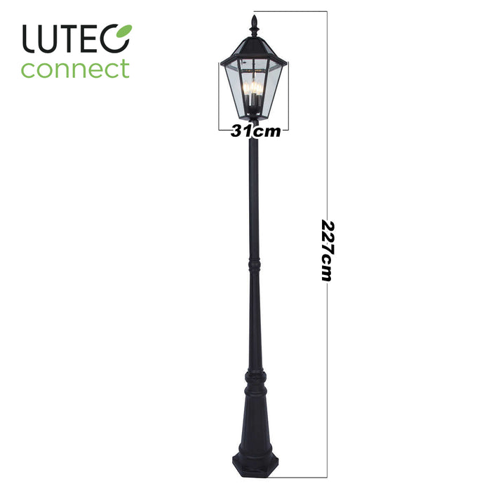LUTEC Cast Aluminium Wireless Solar LED Lamp Post Light Yard 2.27m Lantern Glass