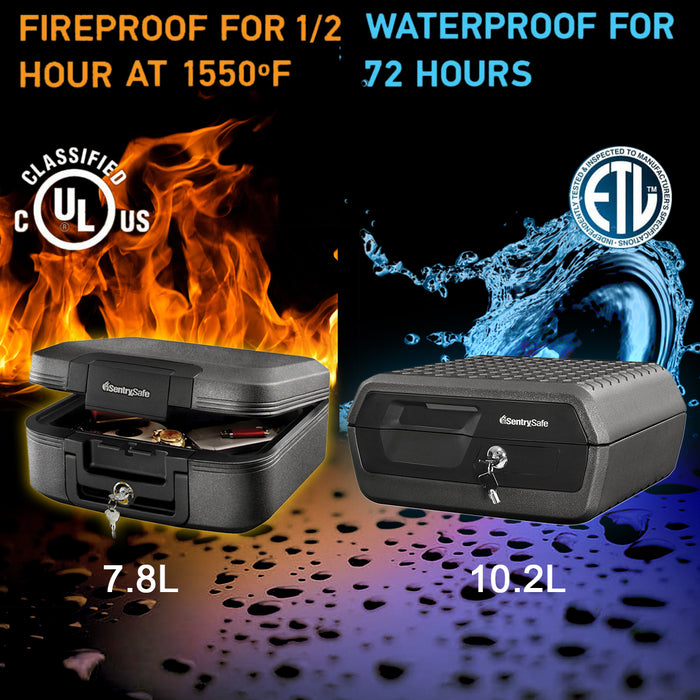 SentrySafe Fire Water Resistant Security Box Protection Safe Chest 7.8/10.2L 2 Keys